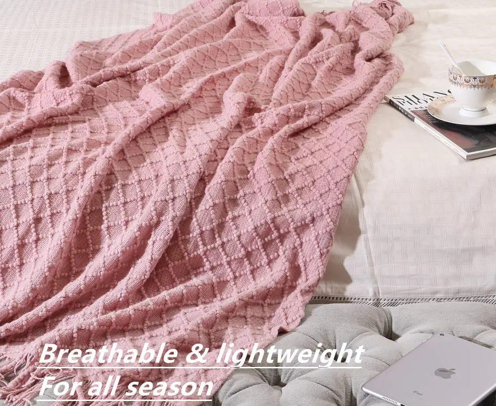 CREVENT Light Blush Pink Knit Throw Blanket 127cm x 152cm | Soft Bohemian Crochet with Tassels - view 3