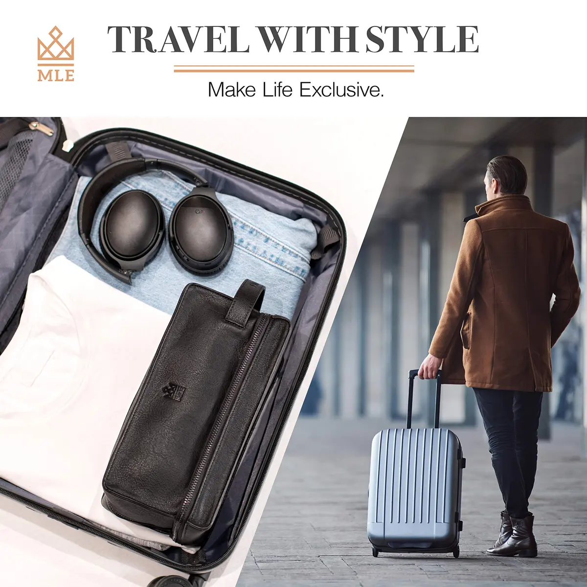 MAKE LIFE EXCLUSIVE Men's Leather Toiletry Bag, Travel Dopp Kit, Shave Kit | Waterproof, 2-Compartment, Stylish - view 6