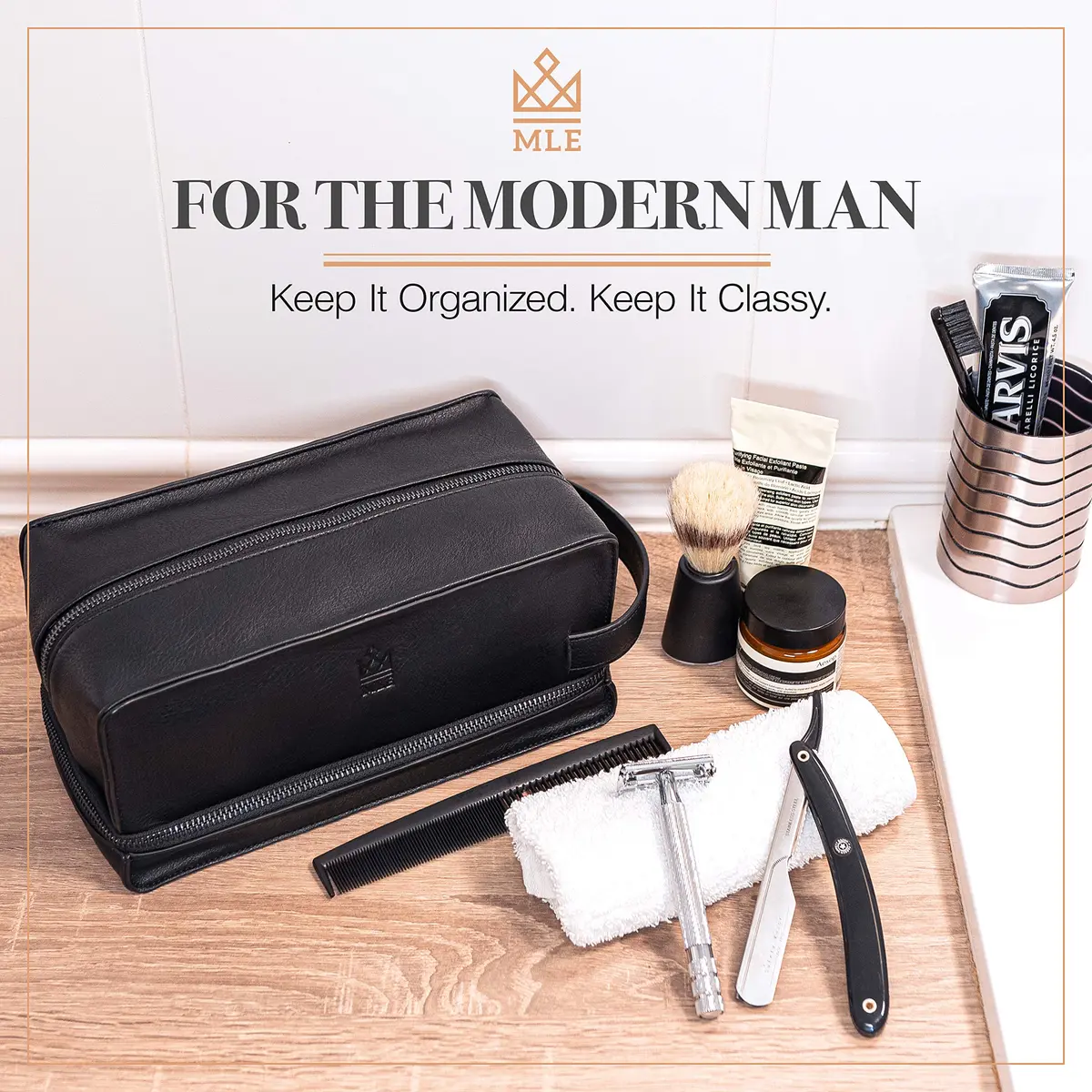 MAKE LIFE EXCLUSIVE Men's Leather Toiletry Bag, Travel Dopp Kit, Shave Kit | Waterproof, 2-Compartment, Stylish - view 2