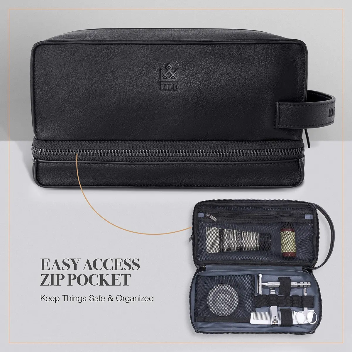 MAKE LIFE EXCLUSIVE Men's Leather Toiletry Bag, Travel Dopp Kit, Shave Kit | Waterproof, 2-Compartment, Stylish - view 4