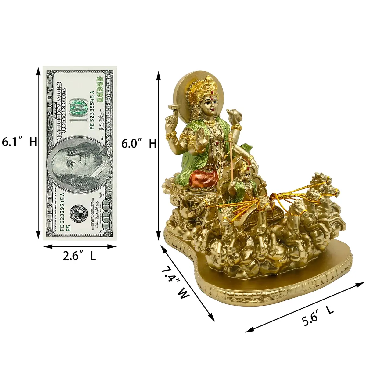 alikiki Lord Surya Statue - Antique Gold Polystone 19.05cm (7.5") | Hand-Painted Hindu God Idol - view 6