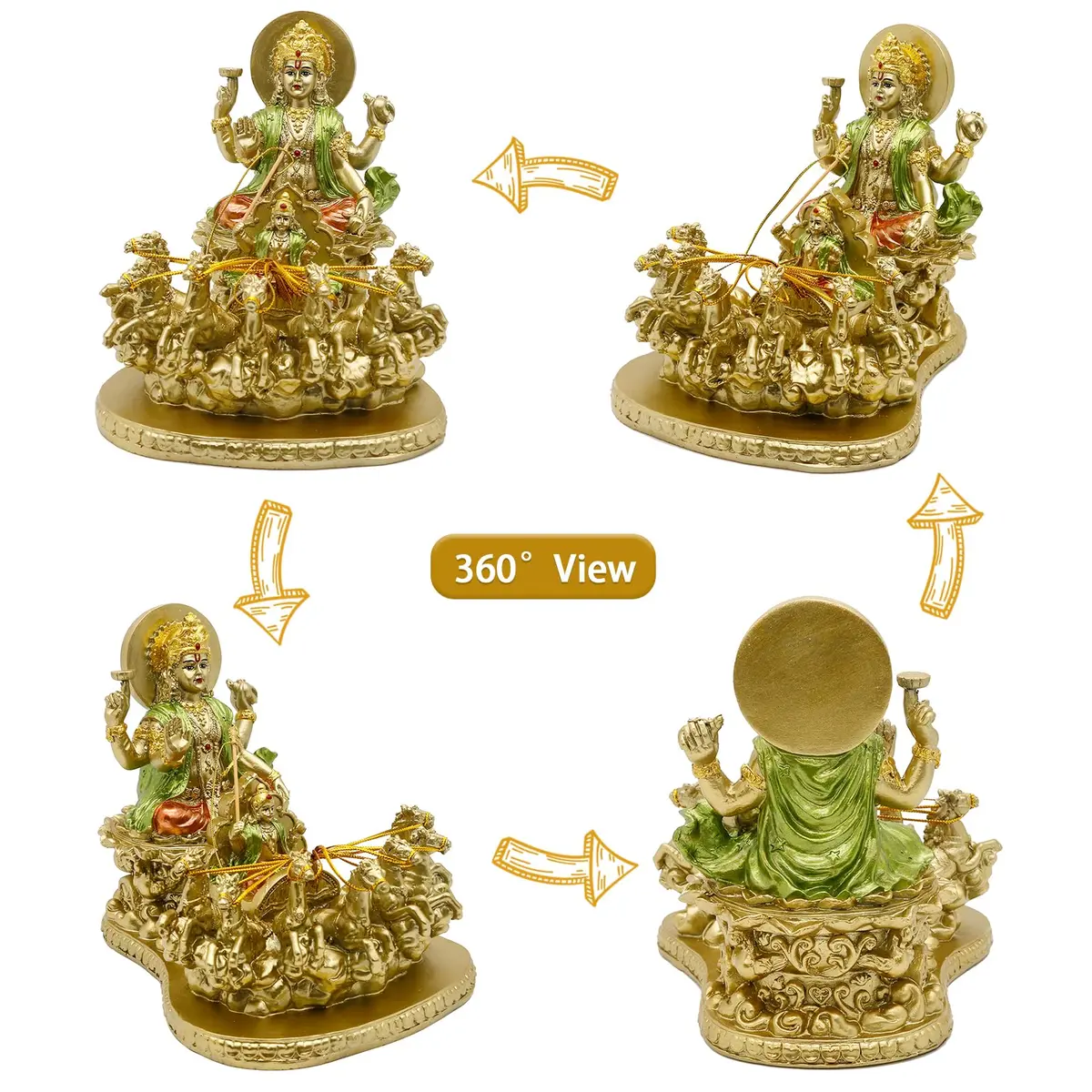 alikiki Lord Surya Statue - Antique Gold Polystone 19.05cm (7.5") | Hand-Painted Hindu God Idol - view 2
