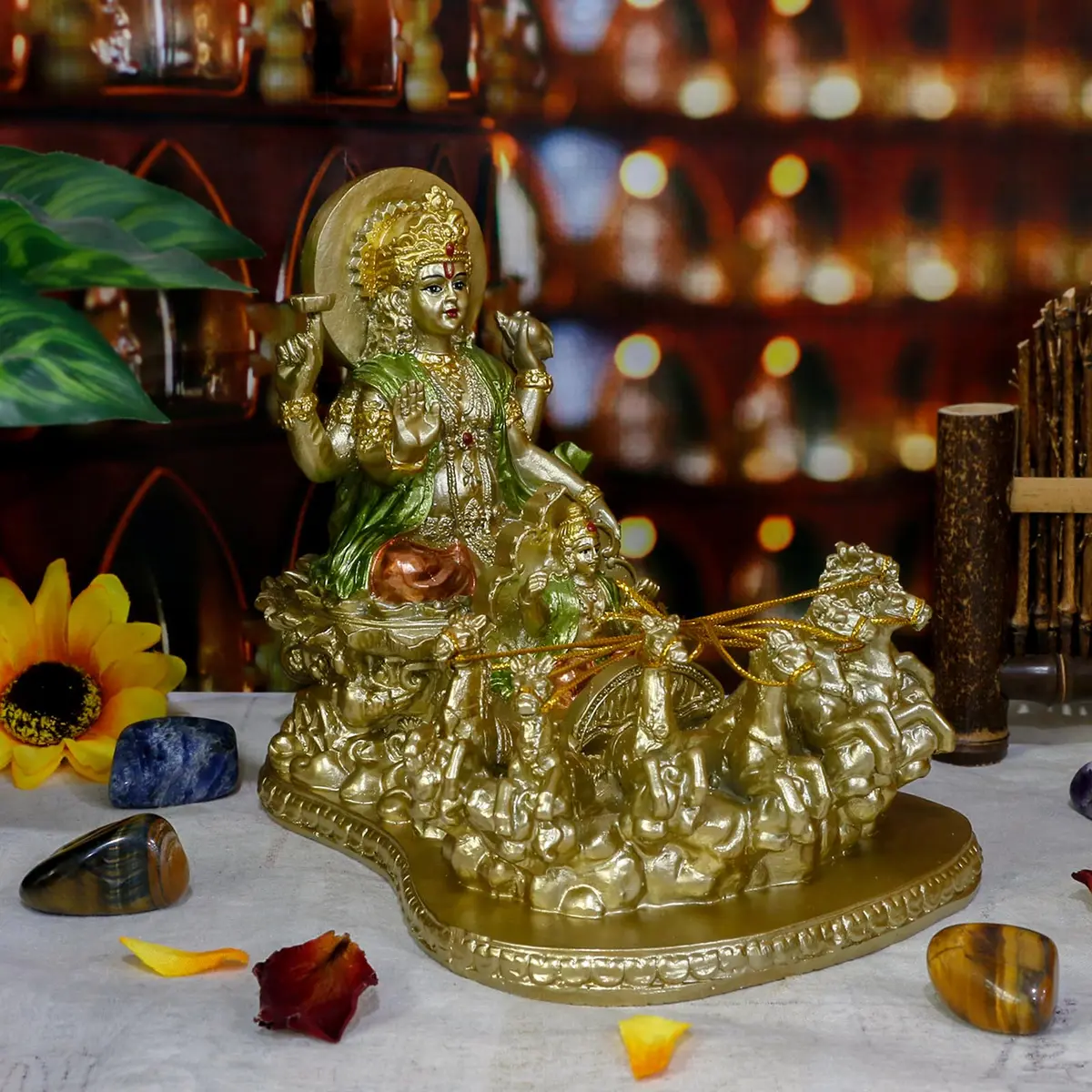 alikiki Lord Surya Statue - Antique Gold Polystone 19.05cm (7.5") | Hand-Painted Hindu God Idol - view 3