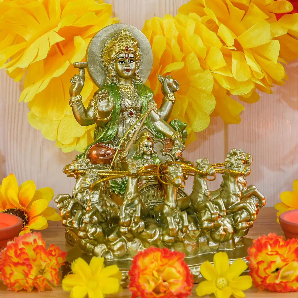 alikiki Lord Surya Statue - Antique Gold Polystone 19.05cm (7.5") | Hand-Painted Hindu God Idol - view 4