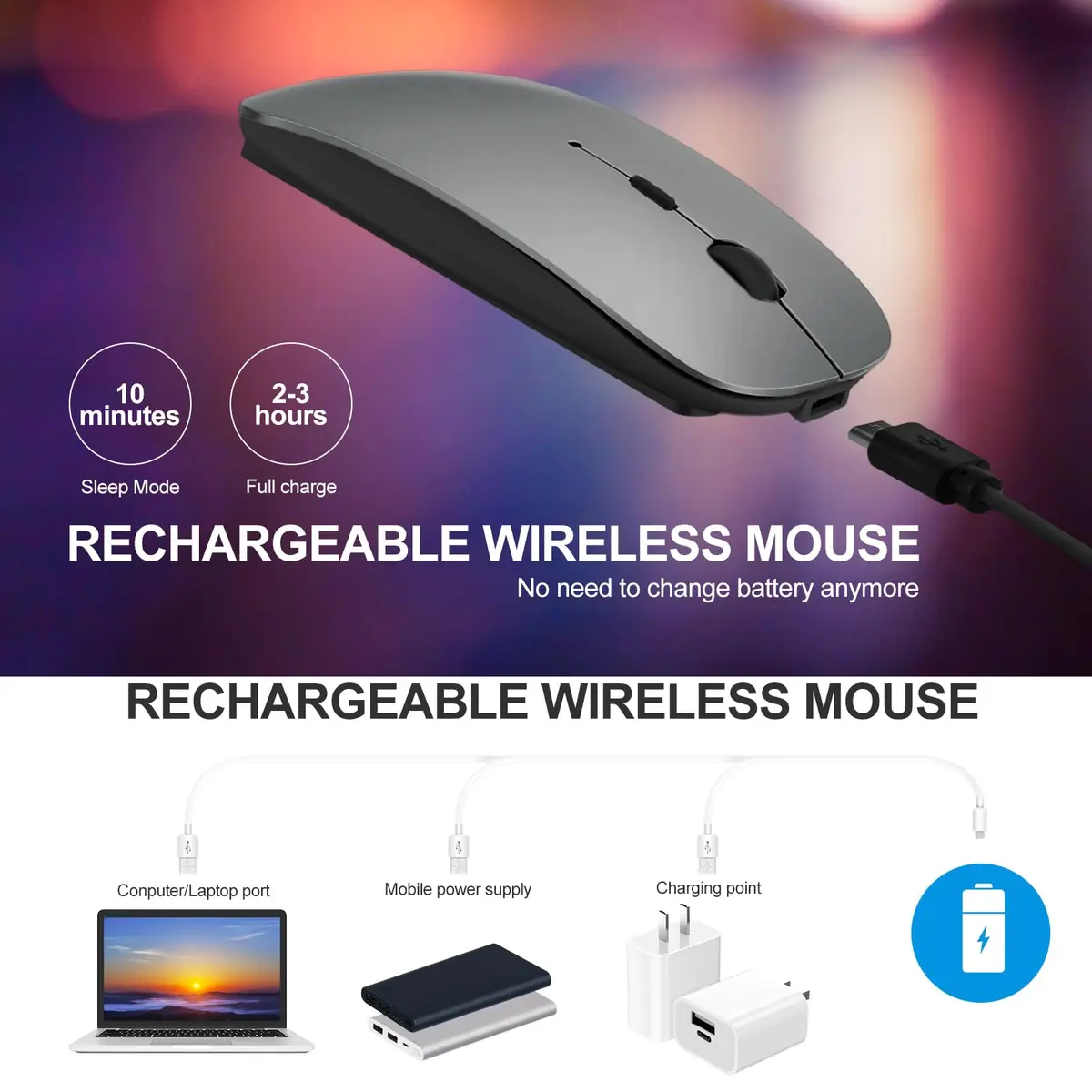 KLO Rechargeable Bluetooth Mouse 4 Modes | Silent, 1600 DPI, Type-C/USB/BT5.2 | Grey - view 4