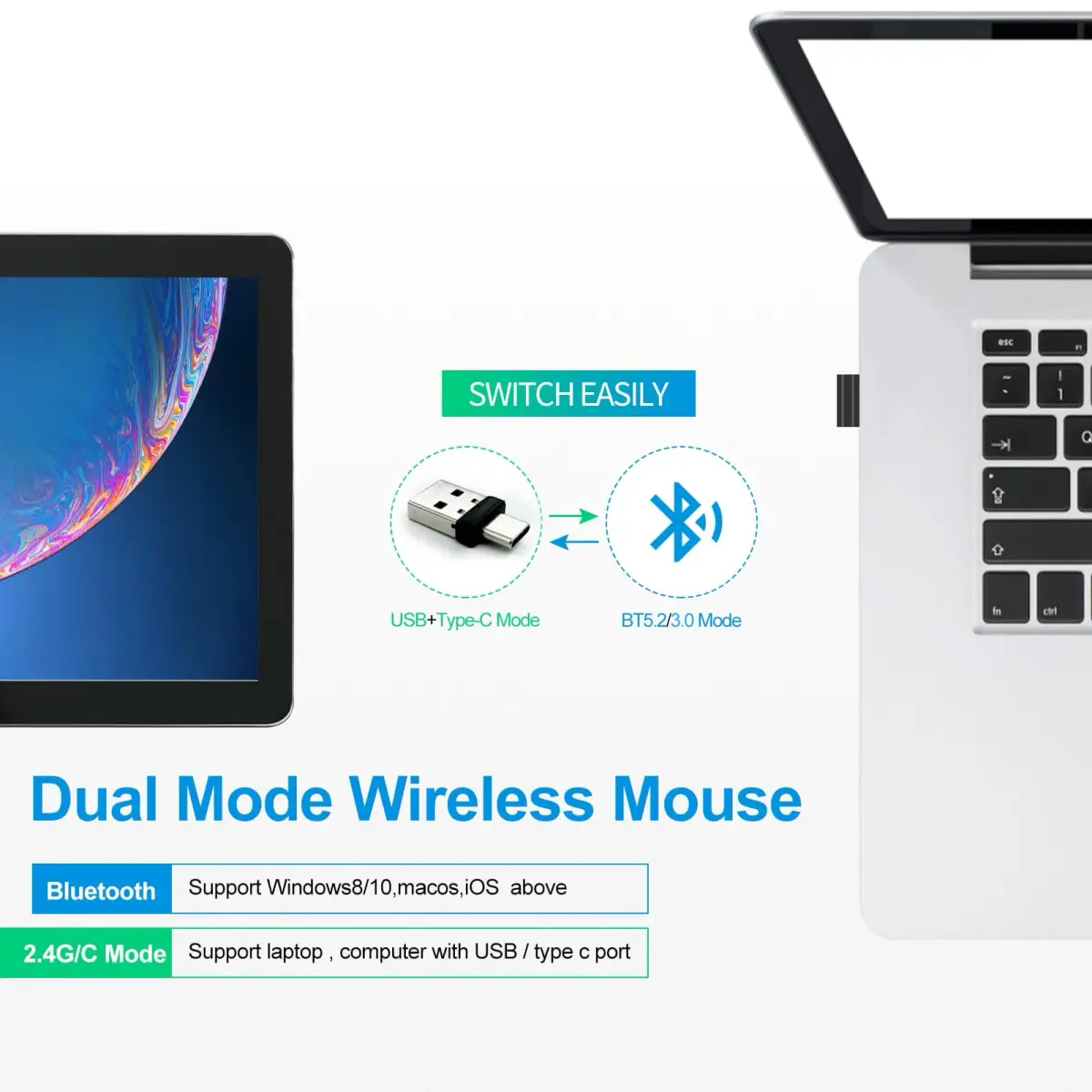 KLO Rechargeable Wireless Mouse - Bluetooth 5.2/3.0, Type-C, 2.4G USB Receiver - Silent Optical Mouse for Mac, Windows, Laptop (Grey, 1-Pack) - view 2