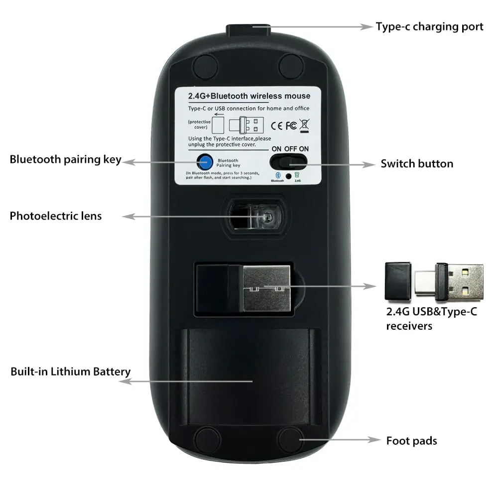 KLO Rechargeable Bluetooth Mouse 4 Modes | Silent, 1600 DPI, Type-C/USB/BT5.2 | Grey - view 3