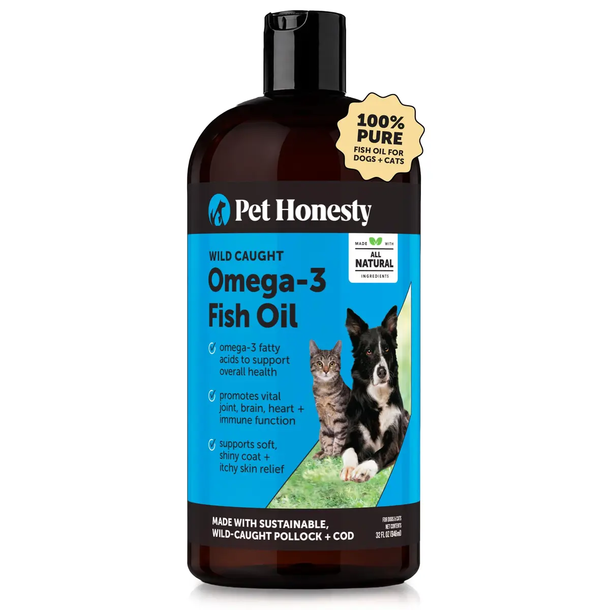 Omega 3 Fish Oil for Dogs and Cats - Liquid Fish Oil for Dogs Skin and Coat Supplement, Dog Omega 3 Fish Oil Supplement EPA + DHA, Wild Caught Pollock & Cod Oil for Dogs for Skin + Coat Health (32oz) - main product image