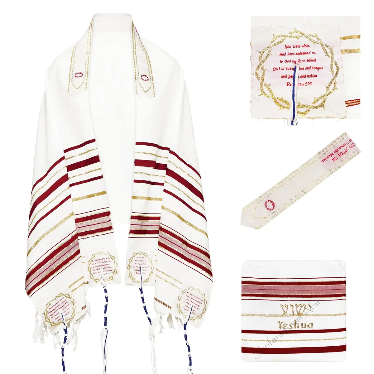 Shofars From Afar The Blood of Yeshua Jesus Red Tallit Prayer Shawl with Matching Yeshua Tallit Zipper Bag | Faithful Red & Gold Design (72x22 inches) - main product image
