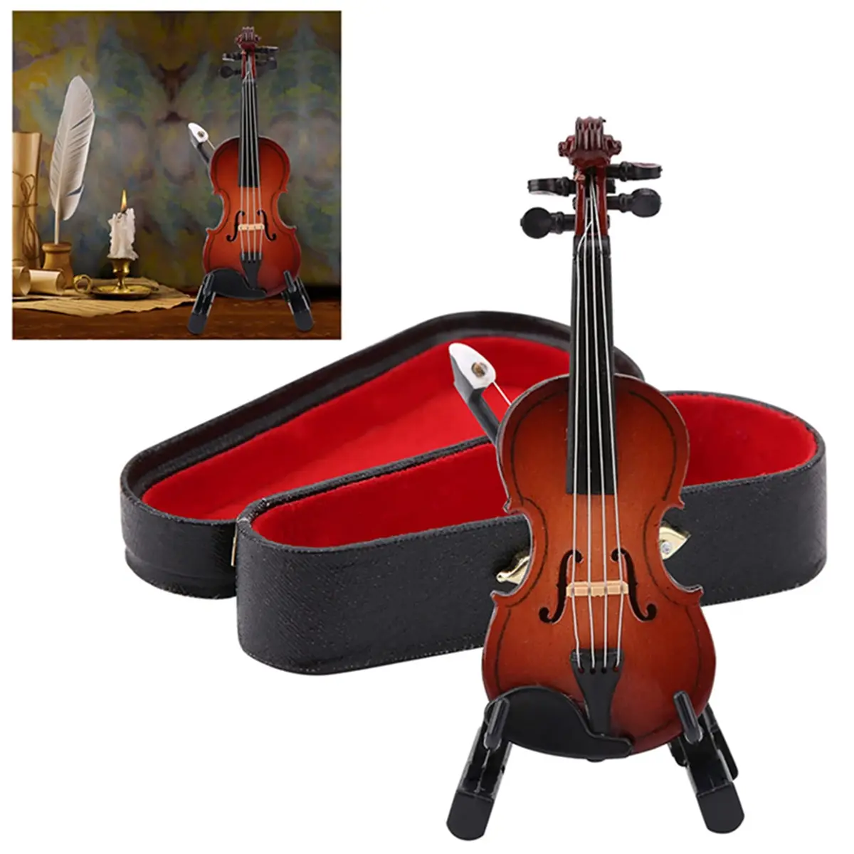HEEPDD Miniature Violin Model 8cm (3.15in) | Wooden Dollhouse Accessory with Bow, Stand, Case | Traditional Music Theme - view 6