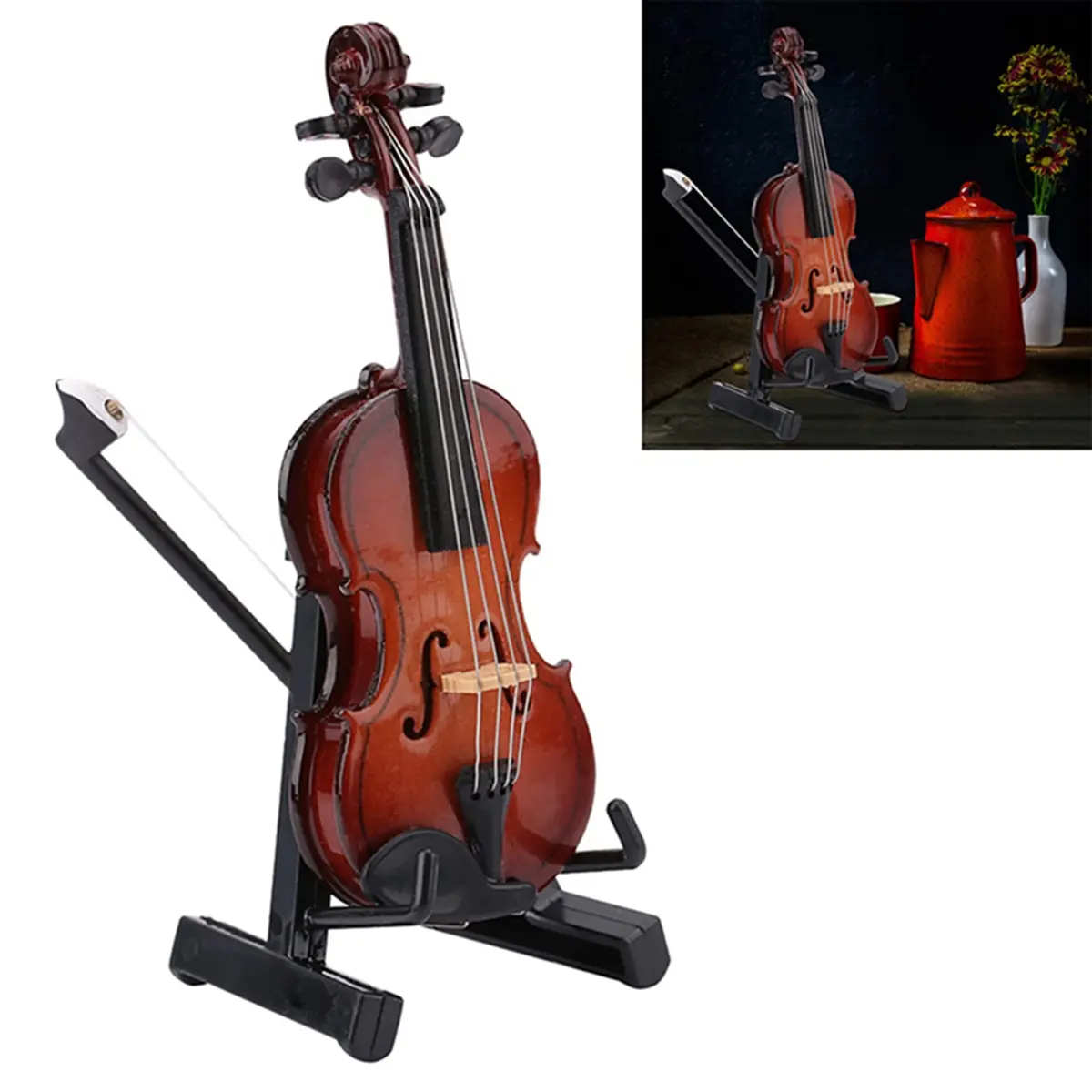 HEEPDD Miniature Violin Model 8cm (3.15in) | Wooden Dollhouse Accessory with Bow, Stand, Case | Traditional Music Theme - view 7