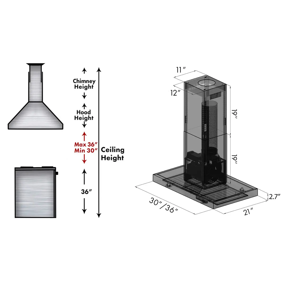 ZLINE Kitchen and Bath 30 in. 400 CFM Convertible Vent Island Range Hood in Black Stainless Steel | Modern Island Mount - view 8