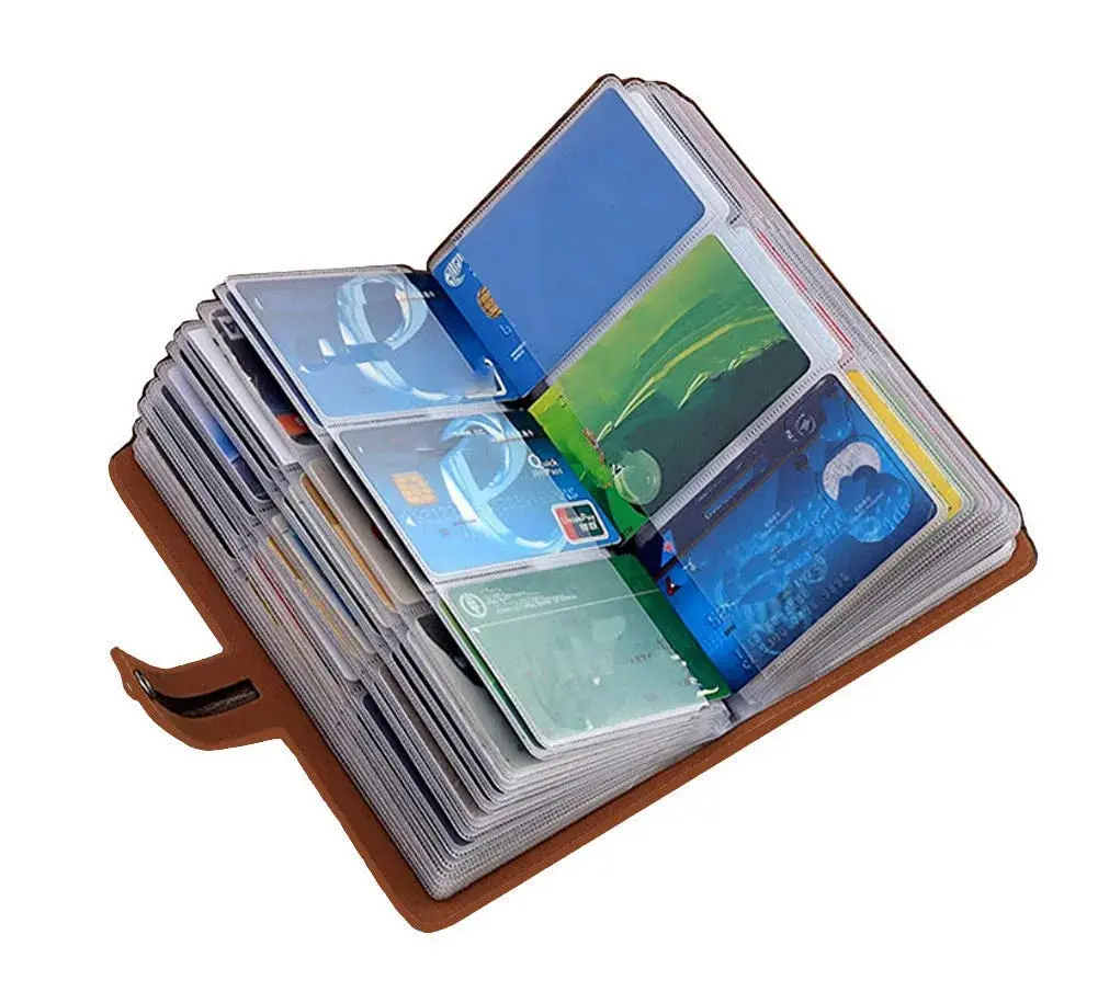 JERLA RFID Credit Card Holder Book with 96 Slots - Rich Brown Genuine PU Leather Organizer - main product image