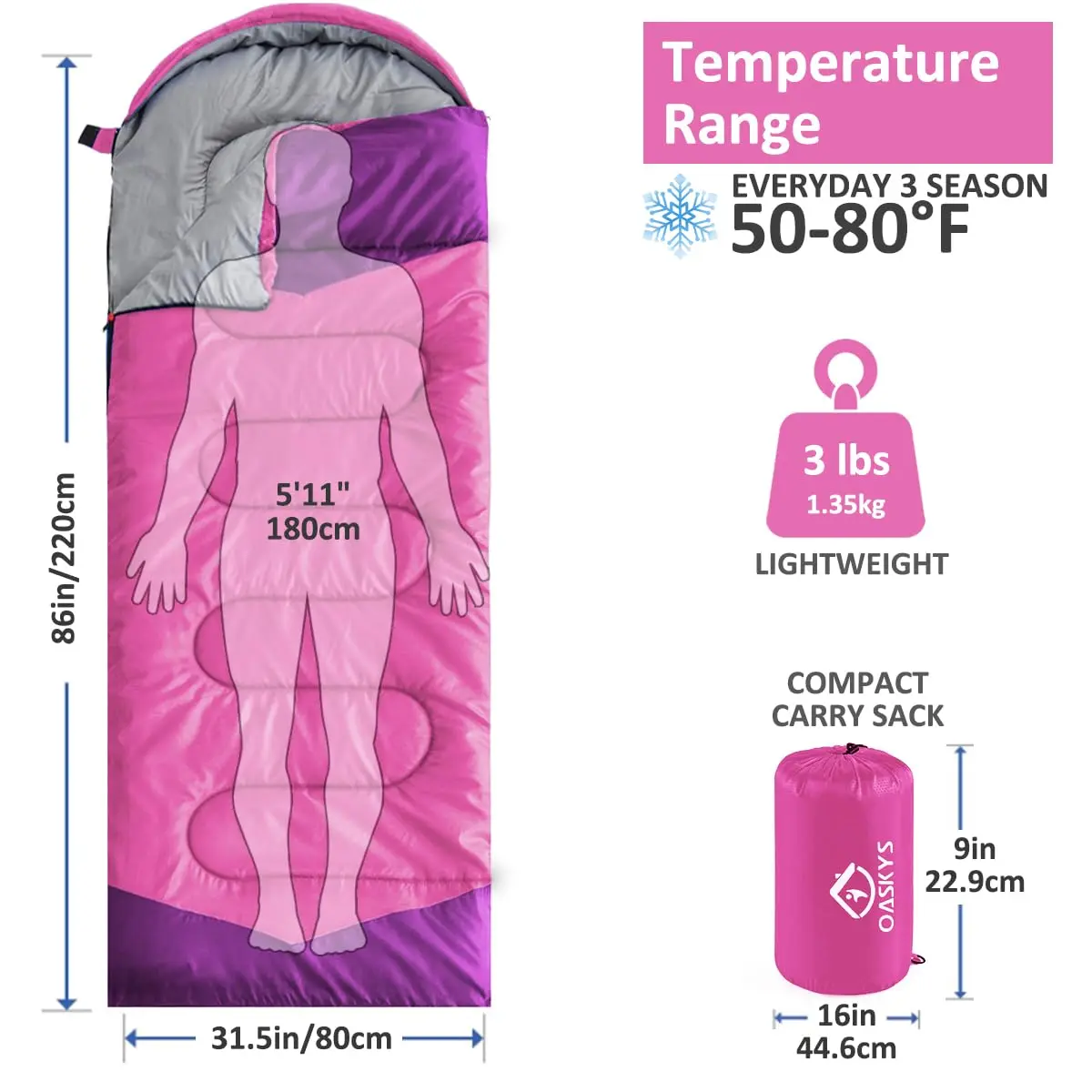 oaskys Camping Sleeping Bag - 3 Season Warm & Cool Weather | Waterproof & Lightweight for Adults & Kids - view 2