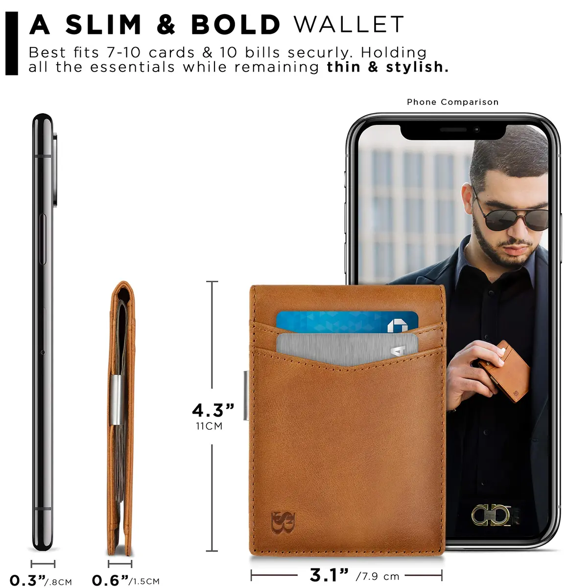 SERMAN BRANDS Money Clip Wallet - Slim RFID Blocking Card Holder, Full Grain Leather, 4.3x3.1 inches | Minimalist Front Pocket - view 3