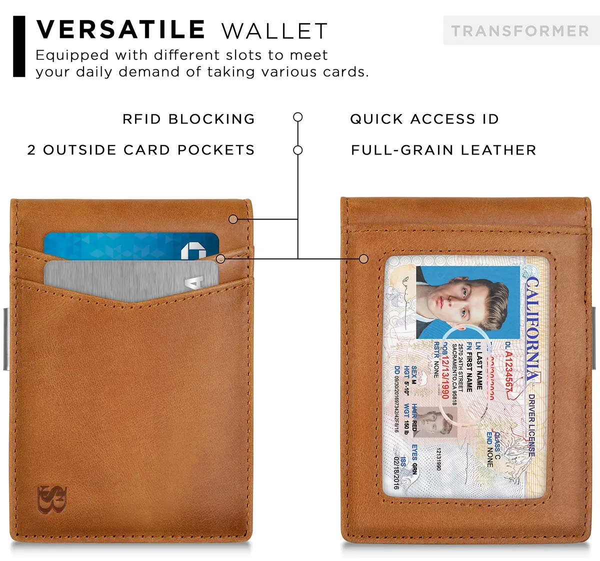 SERMAN BRANDS Money Clip Wallet - Slim RFID Blocking Card Holder, Full Grain Leather, 4.3x3.1 inches | Minimalist Front Pocket - view 4