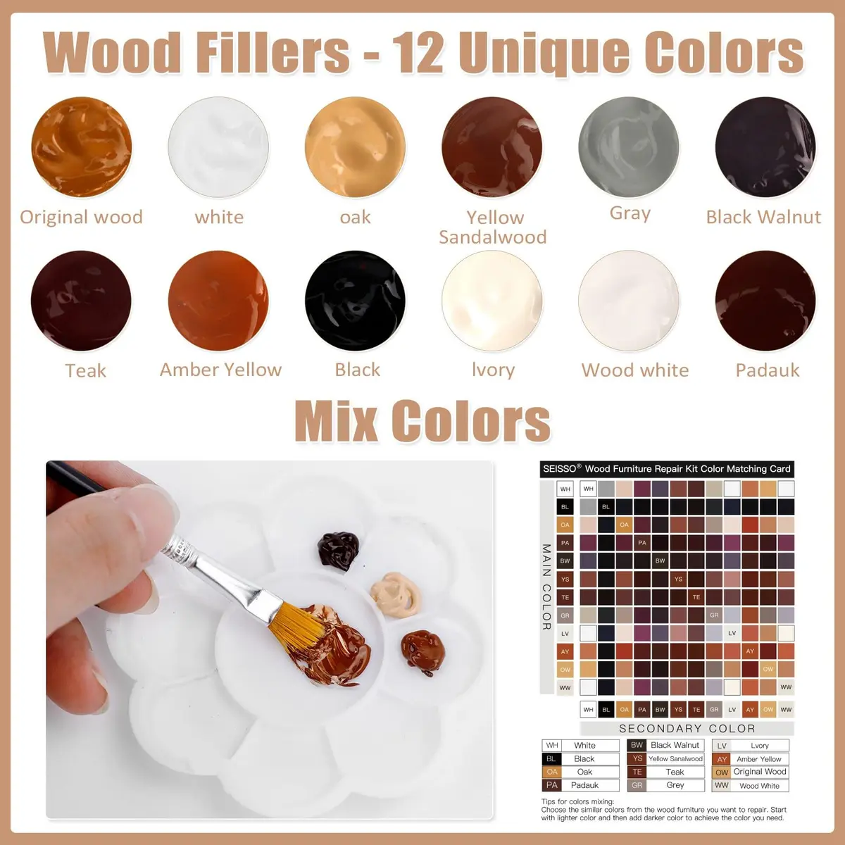 SEISSO Furniture Repair Kit - 12 Colors Wood Filler Paste 28.35 ml (0.96 fl oz) | Fix Scratches, Cracks, Stains on Wood - view 3