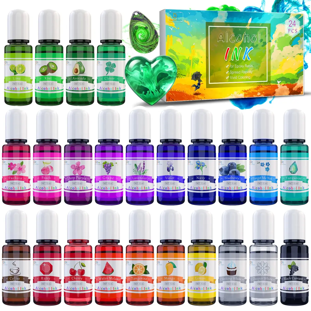 DecorRom Alcohol Ink Set 24 Colors 10ml Bottles | Vibrant Transparent Inks for Resin Art - main product image