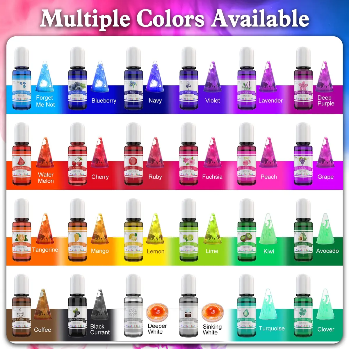 DecorRom Alcohol Ink Set 24 Colors 10ml Bottles | Vibrant Transparent Inks for Resin Art - view 2