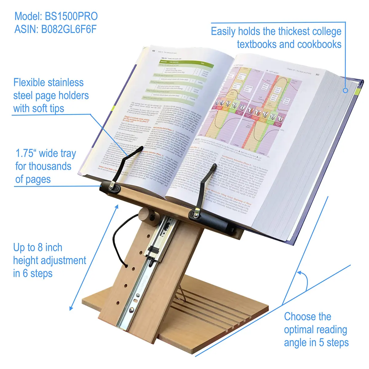 A+ BOOK STAND BS1500PRO Large Portable Height Adjustable Foldable Eye-Level Ergonomic Bookstand Holder with Page Holders | 30 cm (11.81 in) Length - view 2