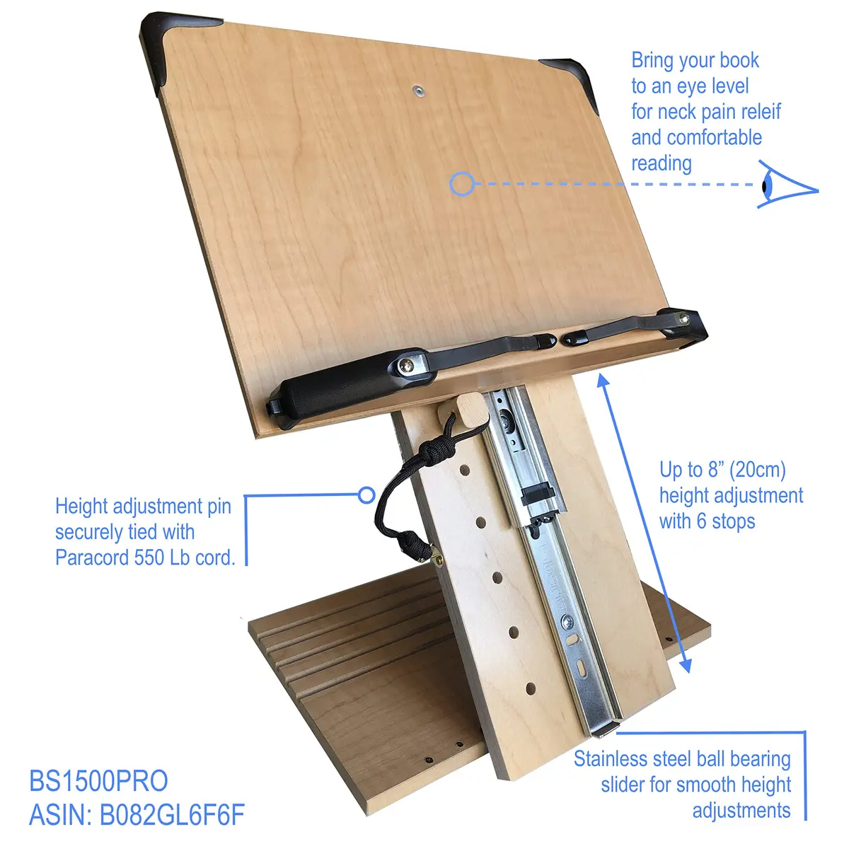 A+ BOOK STAND BS1500PRO Large Portable Height Adjustable Foldable Eye-Level Ergonomic Bookstand Holder with Page Holders | 30 cm (11.81 in) Length - view 4