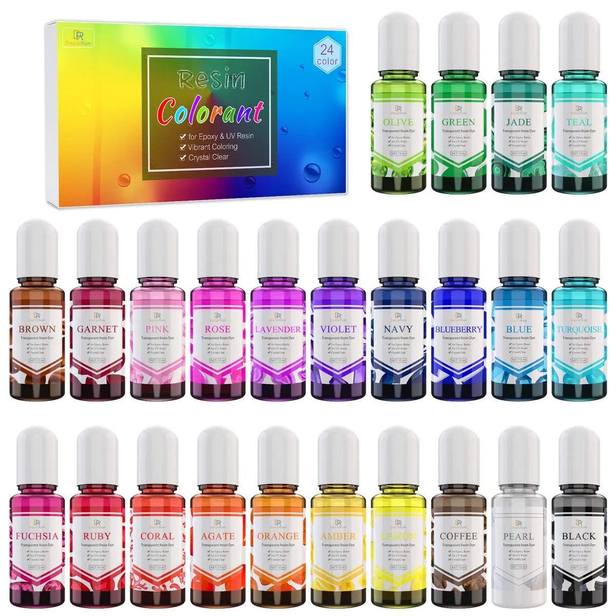 DecorRom 24 Color Epoxy Pigment Set 10ml Each | Crystal Transparent Dye for Resin Art & Jewelry Making - main product image