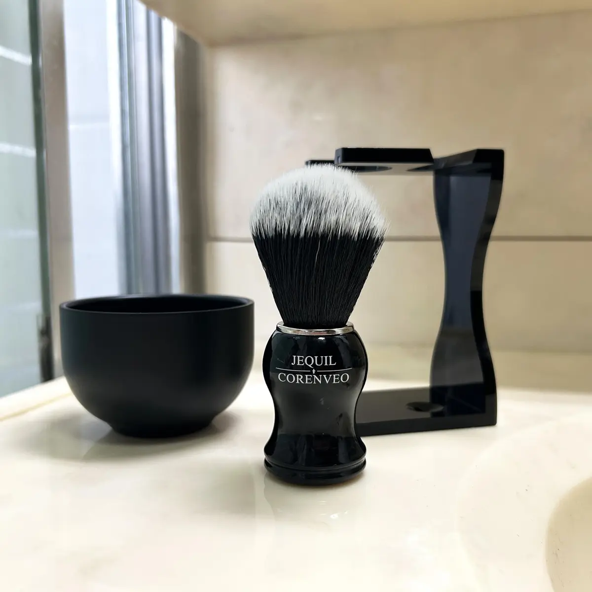 JEQUIL&CORENVEO Men's Shaving Brush Set, 3pcs Synthetic with Stand & Bowl | Soft, Animal-Free Bristles - view 2