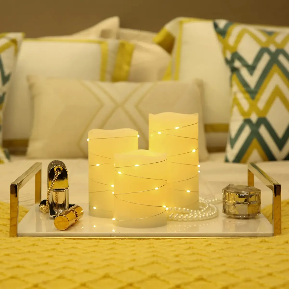 H-BLOSSOM Flickering Flameless Candles Set of 3 (3" x 4"/5"/6") Ivory Real Wax Pillar with Embedded String Lights | Battery Operated with 5H Timer - view 4
