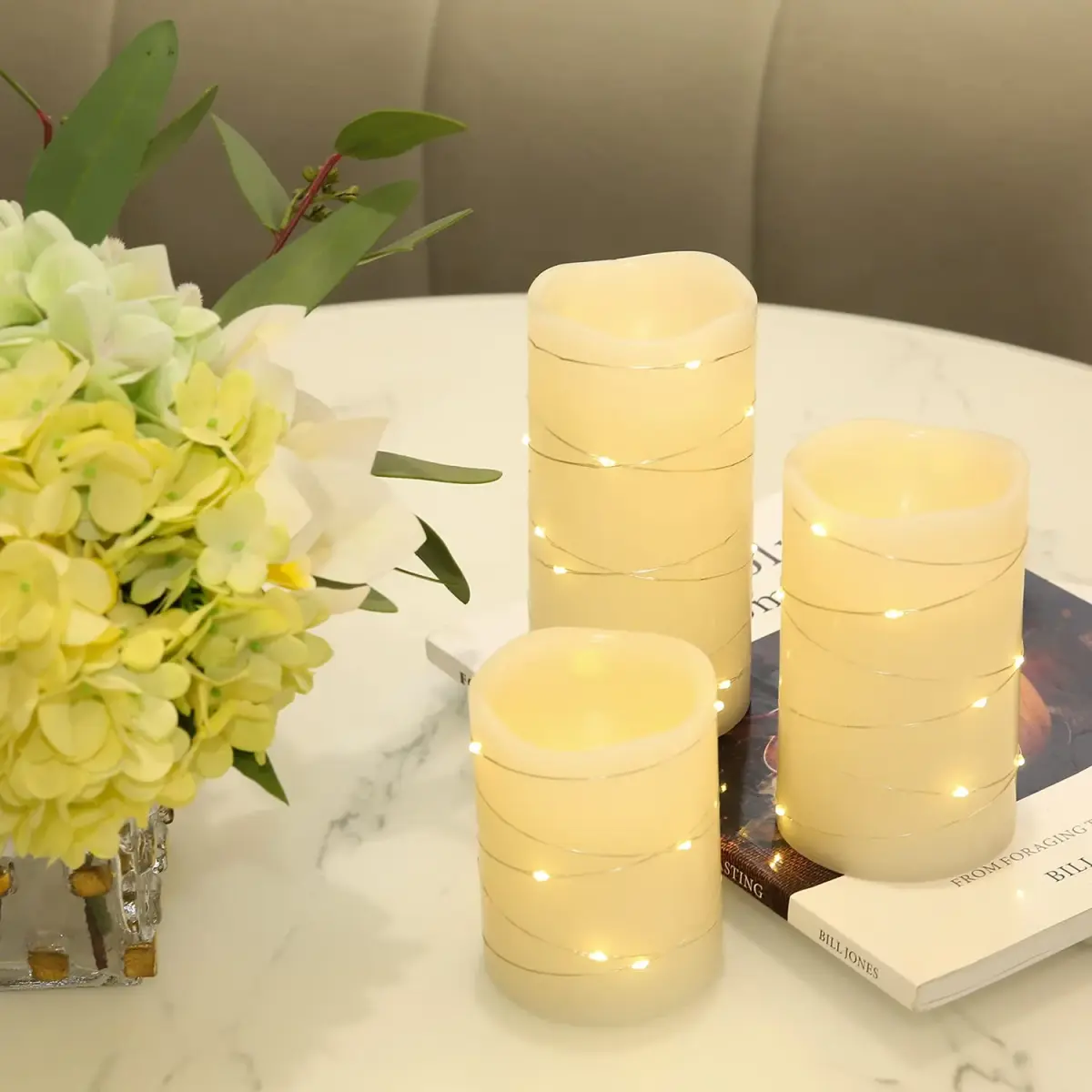 H-BLOSSOM Flickering Flameless Candles Set of 3 (3" x 4"/5"/6") Ivory Real Wax Pillar with Embedded String Lights | Battery Operated with 5H Timer - view 5