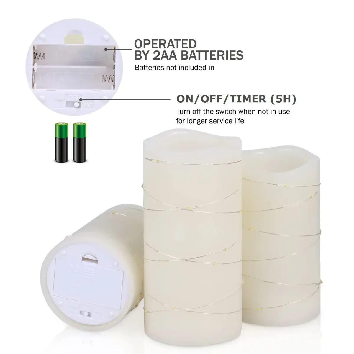 H-BLOSSOM Flickering Flameless Candles Set of 3 (3" x 4"/5"/6") Ivory Real Wax Pillar with Embedded String Lights | Battery Operated with 5H Timer - view 7