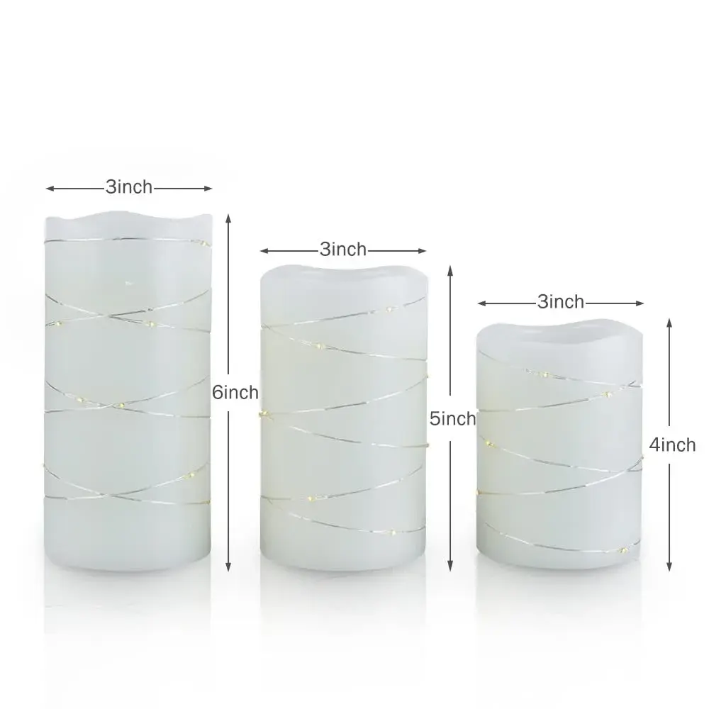H-BLOSSOM Flickering Flameless Candles Set of 3 (3" x 4"/5"/6") Ivory Real Wax Pillar with Embedded String Lights | Battery Operated with 5H Timer - view 8