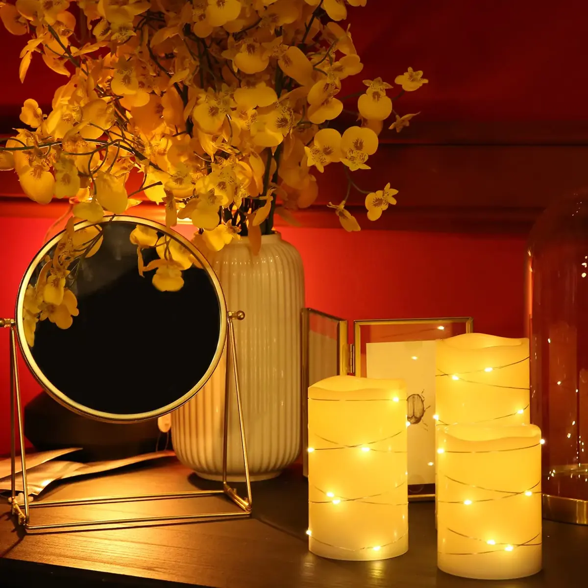 H-BLOSSOM Flickering Flameless Candles Set of 3 (3" x 4"/5"/6") Ivory Real Wax Pillar with Embedded String Lights | Battery Operated with 5H Timer - view 2