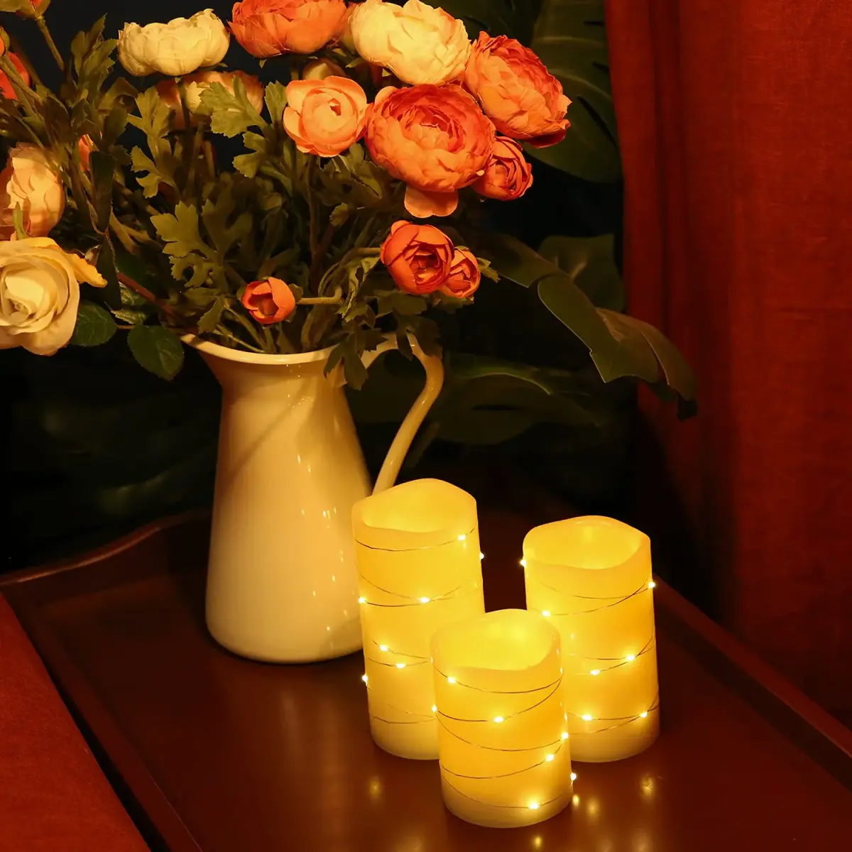 H-BLOSSOM Flickering Flameless Candles Set of 3 (3" x 4"/5"/6") Ivory Real Wax Pillar with Embedded String Lights | Battery Operated with 5H Timer - view 3