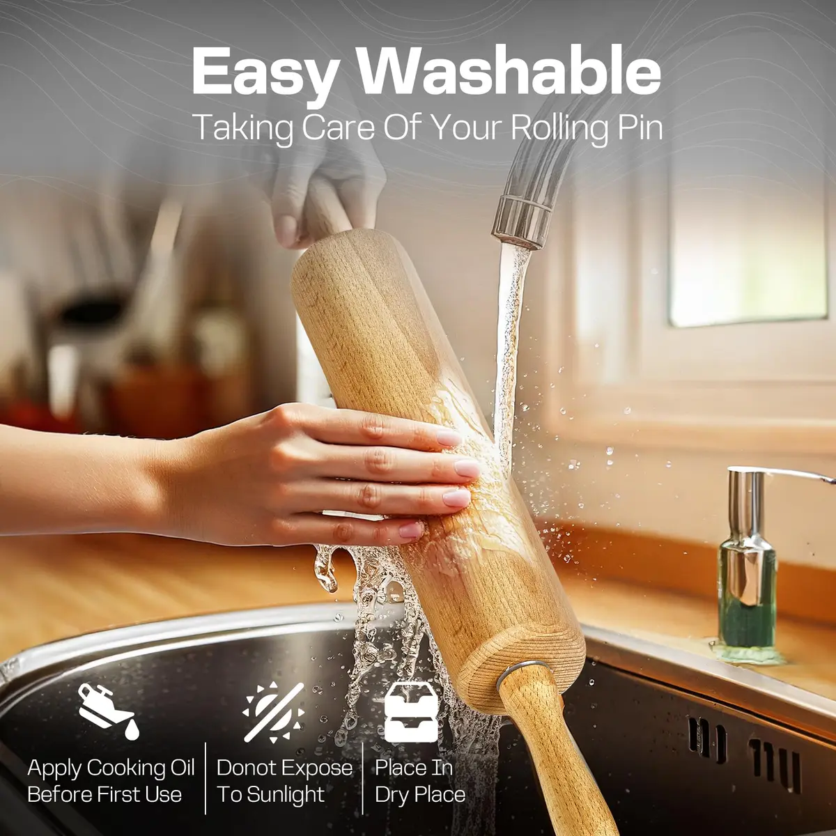 HELFERX Beech Wood Rolling Pin 44.7 cm (17.6 Inches) | Smooth Rolling for All Doughs - view 5