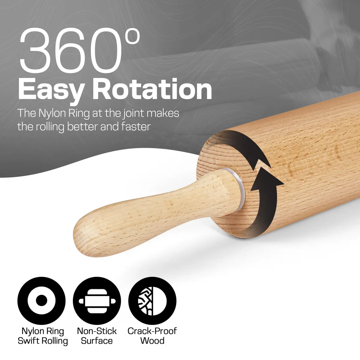 HELFERX Beech Wood Rolling Pin 44.7 cm (17.6 Inches) | Smooth Rolling for All Doughs - view 3