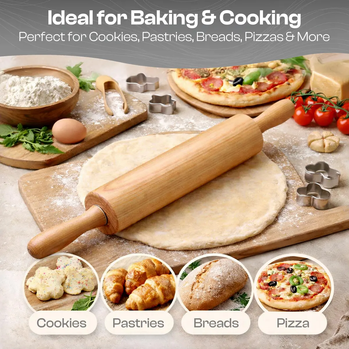 HELFERX Beech Wood Rolling Pin 44.7 cm (17.6 Inches) | Smooth Rolling for All Doughs - view 4