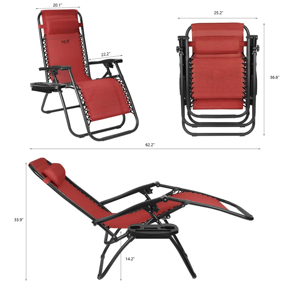 Flamaker Patio Zero Gravity Chair Outdoor Folding Lounge Chair Adjustable Lawn Lounge Chair with Pillow for Poolside Yard Camping (Red) - view 7