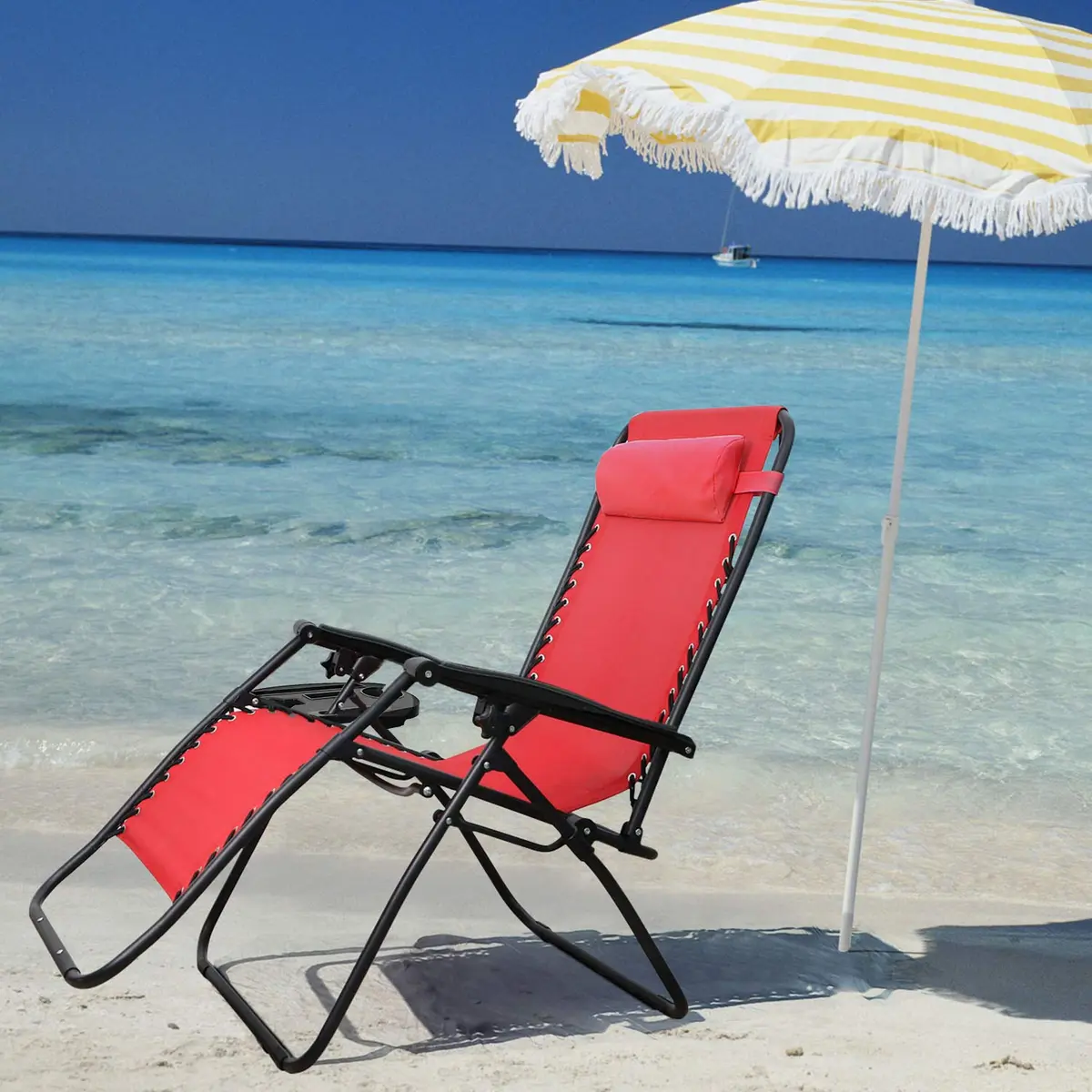 Flamaker Patio Zero Gravity Chair Outdoor Folding Lounge Chair Adjustable Lawn Lounge Chair with Pillow for Poolside Yard Camping (Red) - view 2