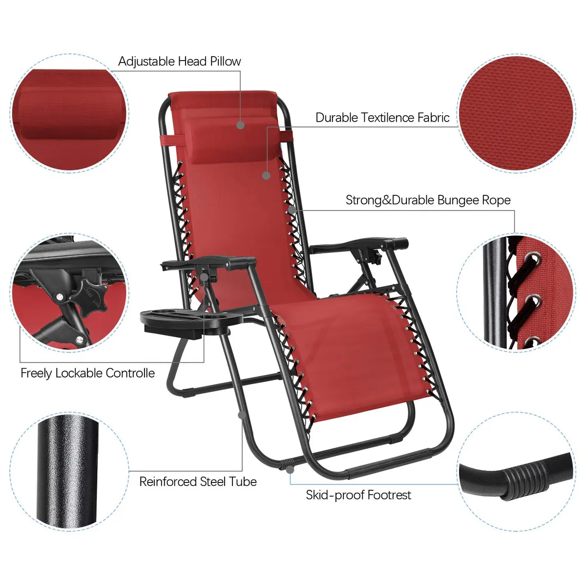 Flamaker Patio Zero Gravity Chair Outdoor Folding Lounge Chair Adjustable Lawn Lounge Chair with Pillow for Poolside Yard Camping (Red) - view 3