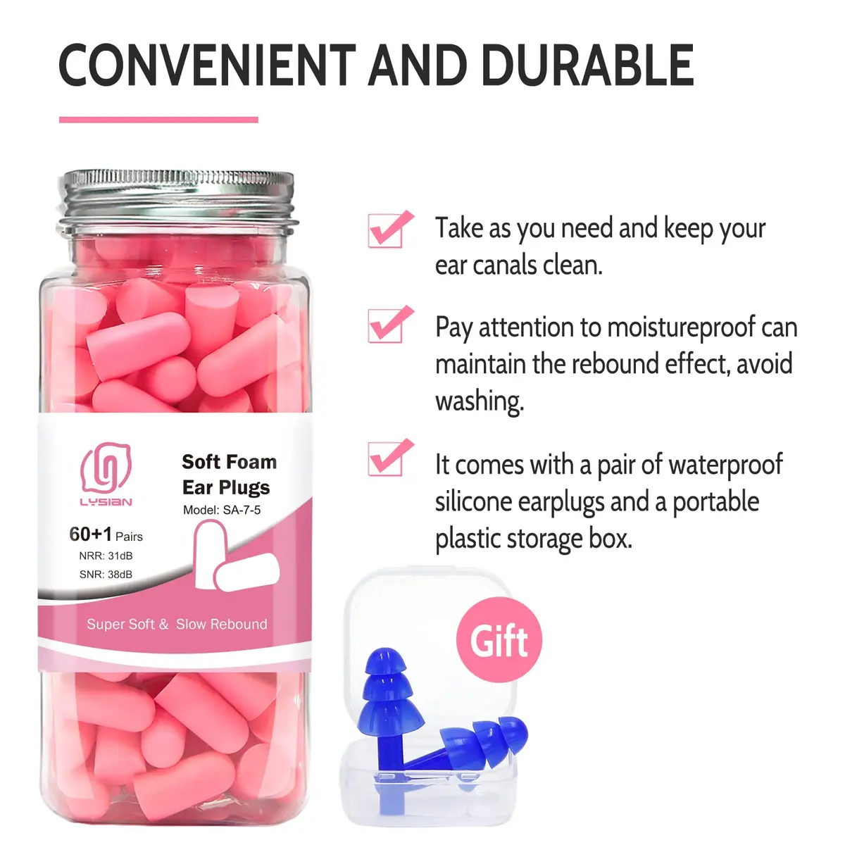 LYSIAN Soft Foam Ear Plugs for Sleeping, 60 Pairs, 38dB SNR | Comfortable Noise Reduction for Sleep & Travel - view 6