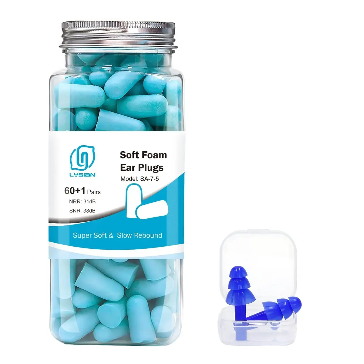 LYSIAN Soft Foam Ear Plugs for Sleeping, 60 Pairs, 38dB SNR, Lake Blue | Ultra Soft, Comfortable Fit for Sleep & Noise Reduction - main product image