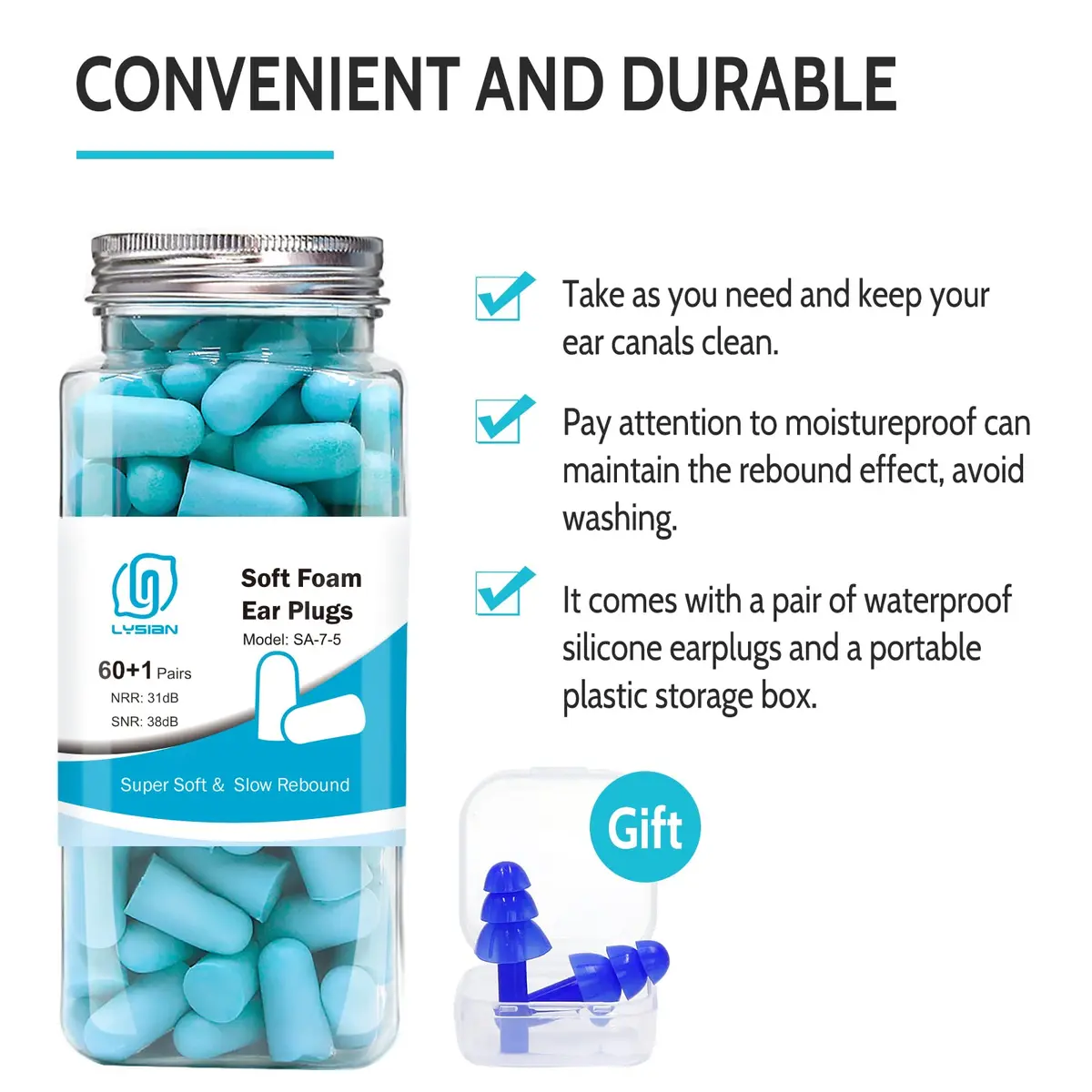 LYSIAN Soft Foam Ear Plugs for Sleeping, 60 Pairs, 38dB SNR, Lake Blue | Ultra Soft, Comfortable Fit for Sleep & Noise Reduction - view 8