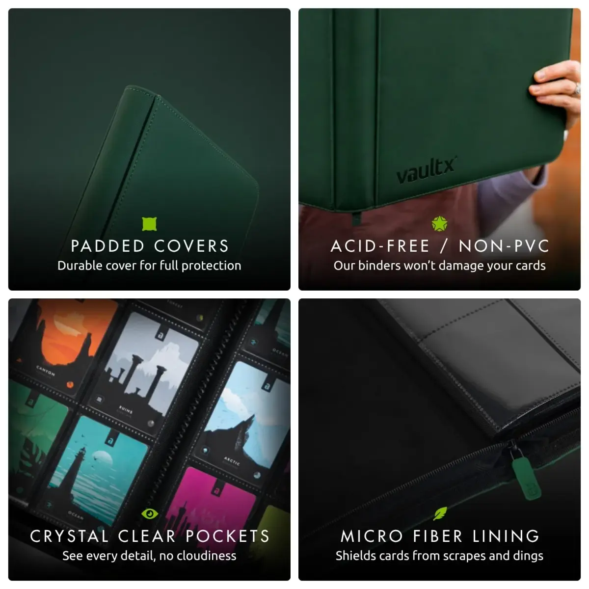 Vault X 9 Pocket Zip Trading Card Binder 360 Cards Exo-Tec Green | Durable, Water-Resistant, Acid-Free Storage - view 6