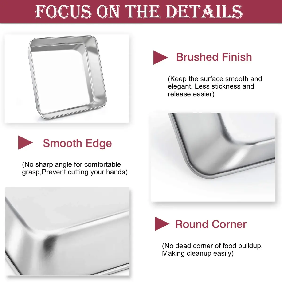 P&P CHEF Square Baking Pan 8x8 Inch (20.3x20.3 cm) | Heavy Duty Stainless Steel for Brownies & Cakes - view 4
