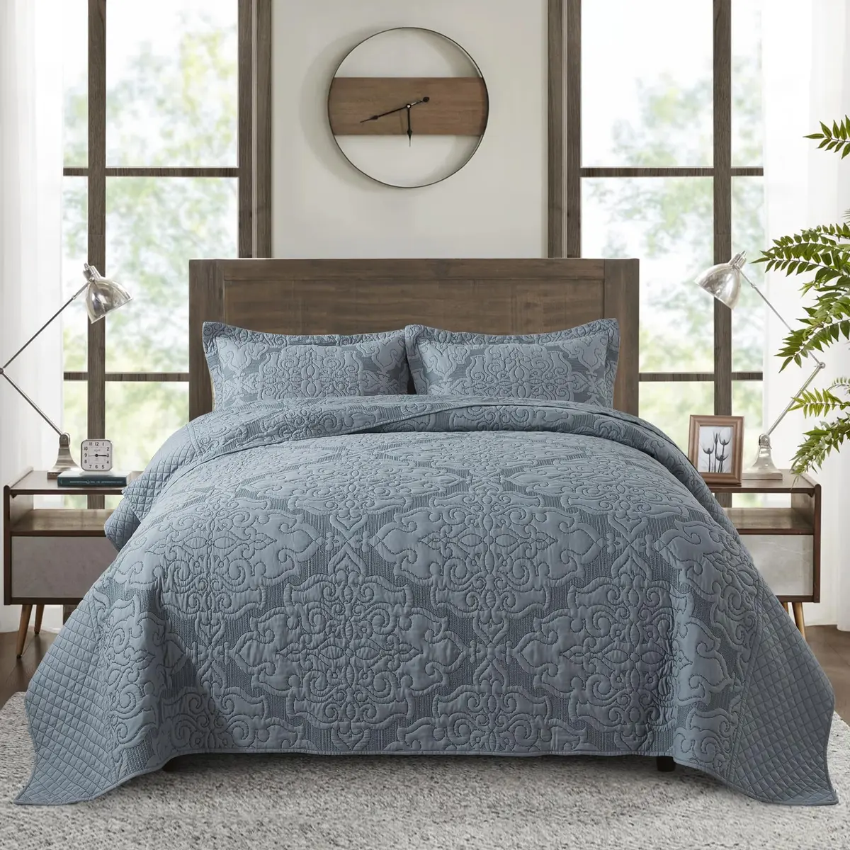 NEWLAKE Reversible Quilt Bedspread Embroidered Microfiber Coverlet Set,Jacquard Embossed Floral,Grey, King Size | All-Season Reversible Bedding - main product image