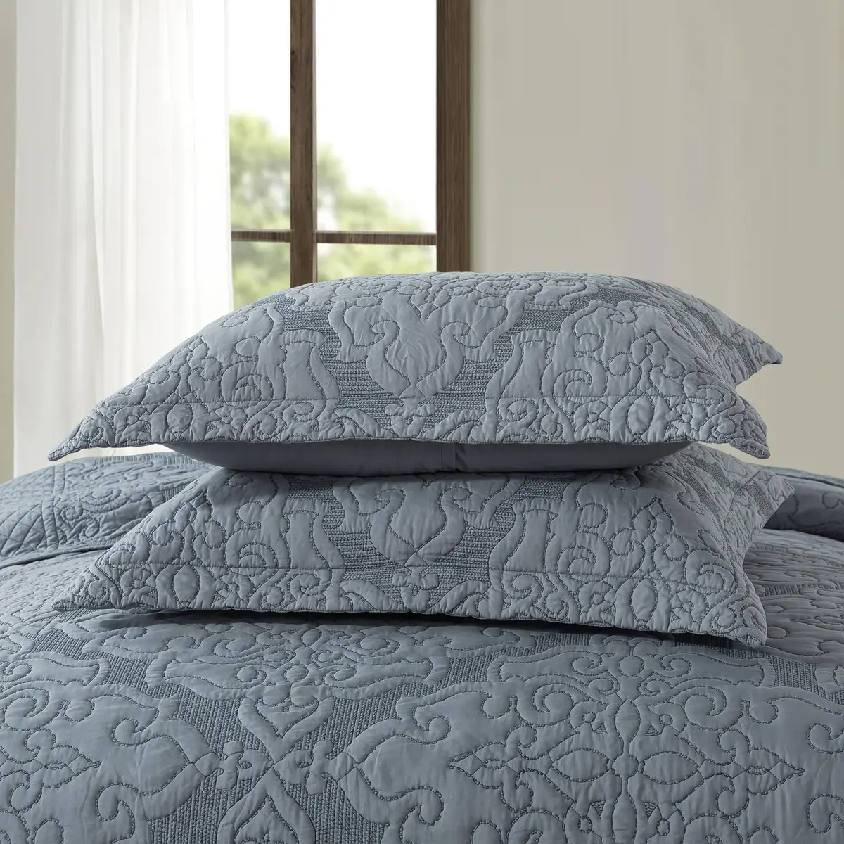 NEWLAKE Reversible Quilt Bedspread Embroidered Microfiber Coverlet Set,Jacquard Embossed Floral,Grey, King Size | All-Season Reversible Bedding - view 6