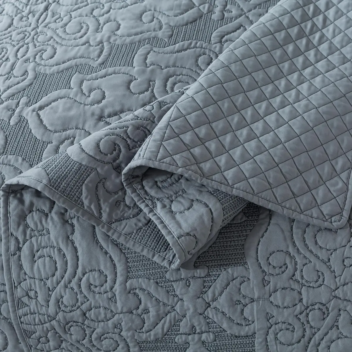 NEWLAKE Reversible Quilt Bedspread Embroidered Microfiber Coverlet Set,Jacquard Embossed Floral,Grey, King Size | All-Season Reversible Bedding - view 7