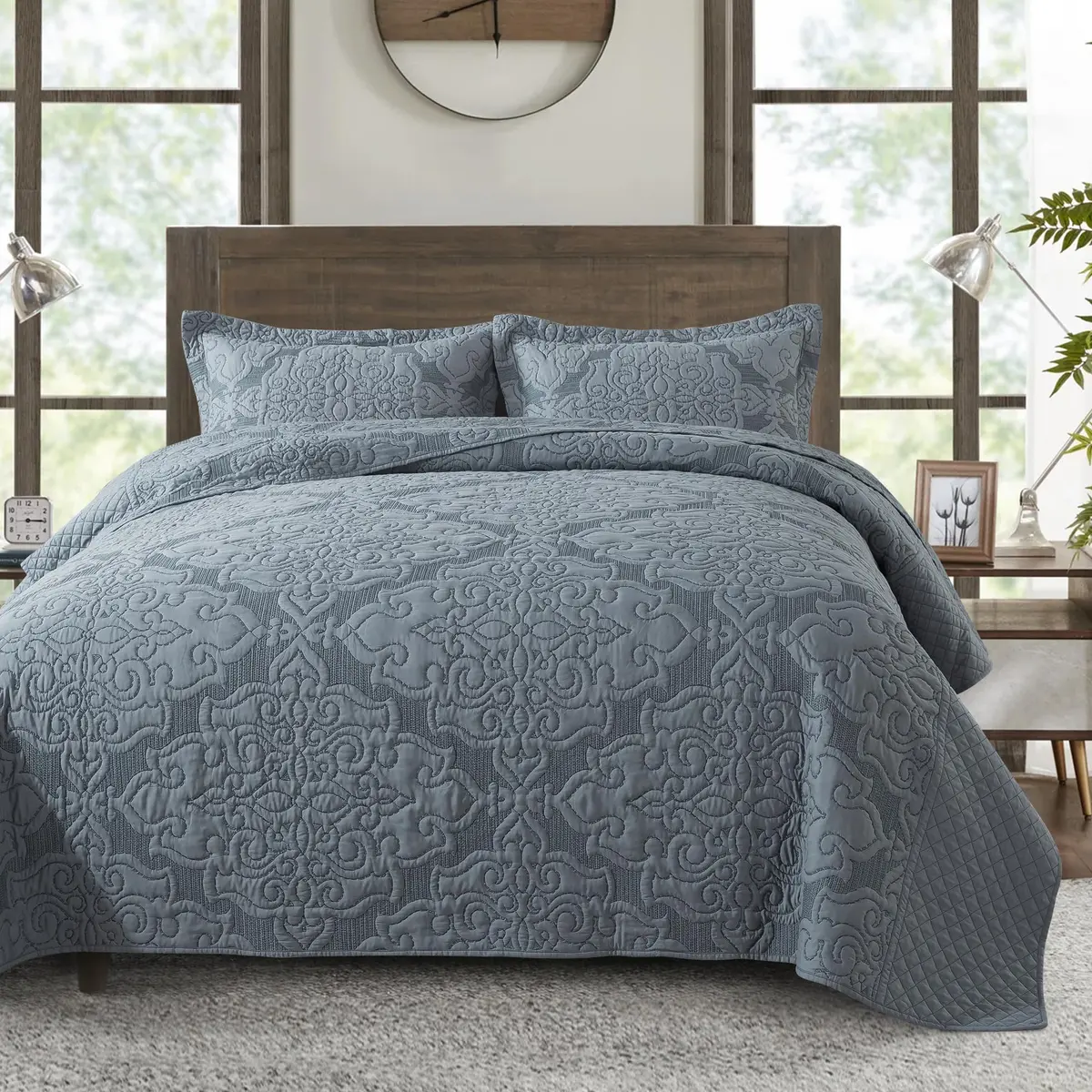 NEWLAKE Reversible Quilt Bedspread Embroidered Microfiber Coverlet Set,Jacquard Embossed Floral,Grey, King Size | All-Season Reversible Bedding - view 8