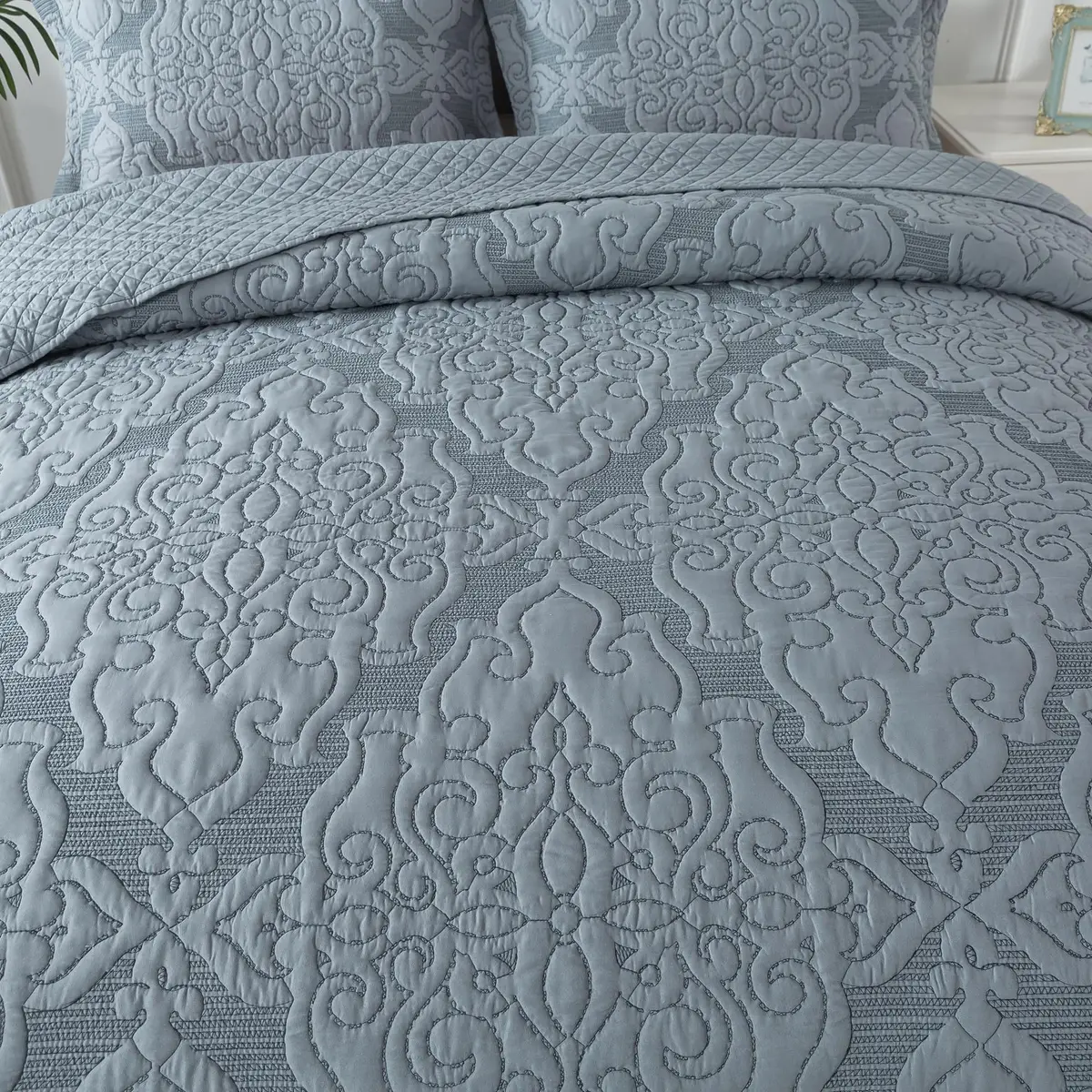 NEWLAKE Reversible Quilt Bedspread Embroidered Microfiber Coverlet Set,Jacquard Embossed Floral,Grey, King Size | All-Season Reversible Bedding - view 2