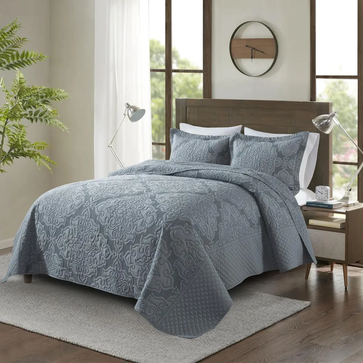 NEWLAKE Reversible Quilt Bedspread Embroidered Microfiber Coverlet Set,Jacquard Embossed Floral,Grey, King Size | All-Season Reversible Bedding - view 4